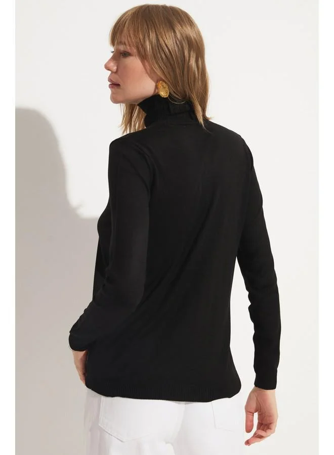 جون June Women Exclusive Viscose Blend Regular Fit Turtleneck Knitwear Sweater Black