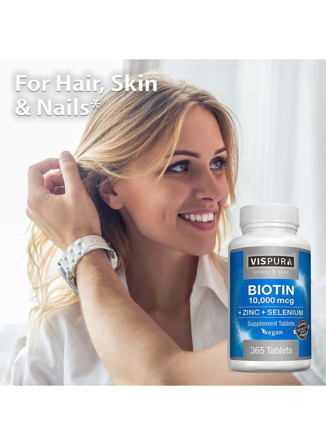 VISPURA Biotin 10000 mcg Vitamin + Zinc + Selenium, Best Supplement for Hair Growth, Glowing Skin, Strong Nails*, 365 Tablets - Image 3