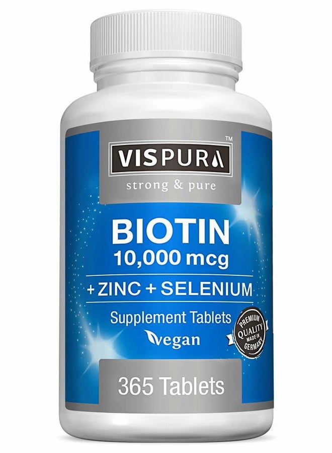 VISPURA Biotin 10000 mcg Vitamin + Zinc + Selenium, Best Supplement for Hair Growth, Glowing Skin, Strong Nails*, 365 Tablets - Image 1