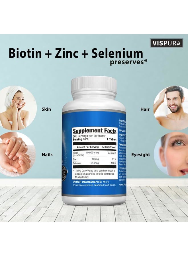 VISPURA Biotin 10000 mcg Vitamin + Zinc + Selenium, Best Supplement for Hair Growth, Glowing Skin, Strong Nails*, 365 Tablets - Image 4