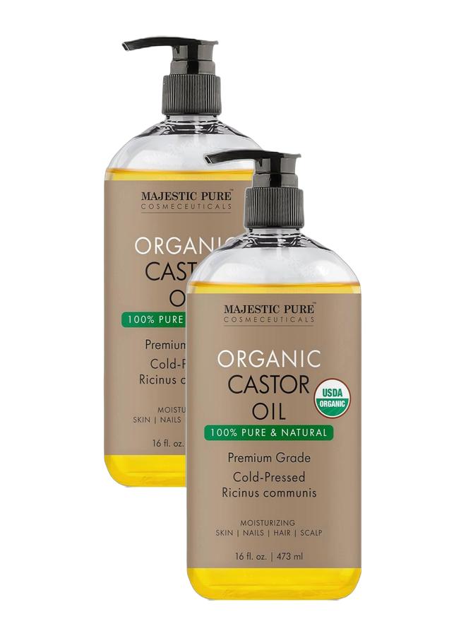 Majestic Pure Pack of 2 - Organic Castor Oil 473 ML Large Cold Pressed & 100% Pure Hexane Free Stimulate Growth for Hair, Eyelashes, Eyebrows, Nails Moisturizing & Nourishing Body, Hair & Carrier Oil - Image 1