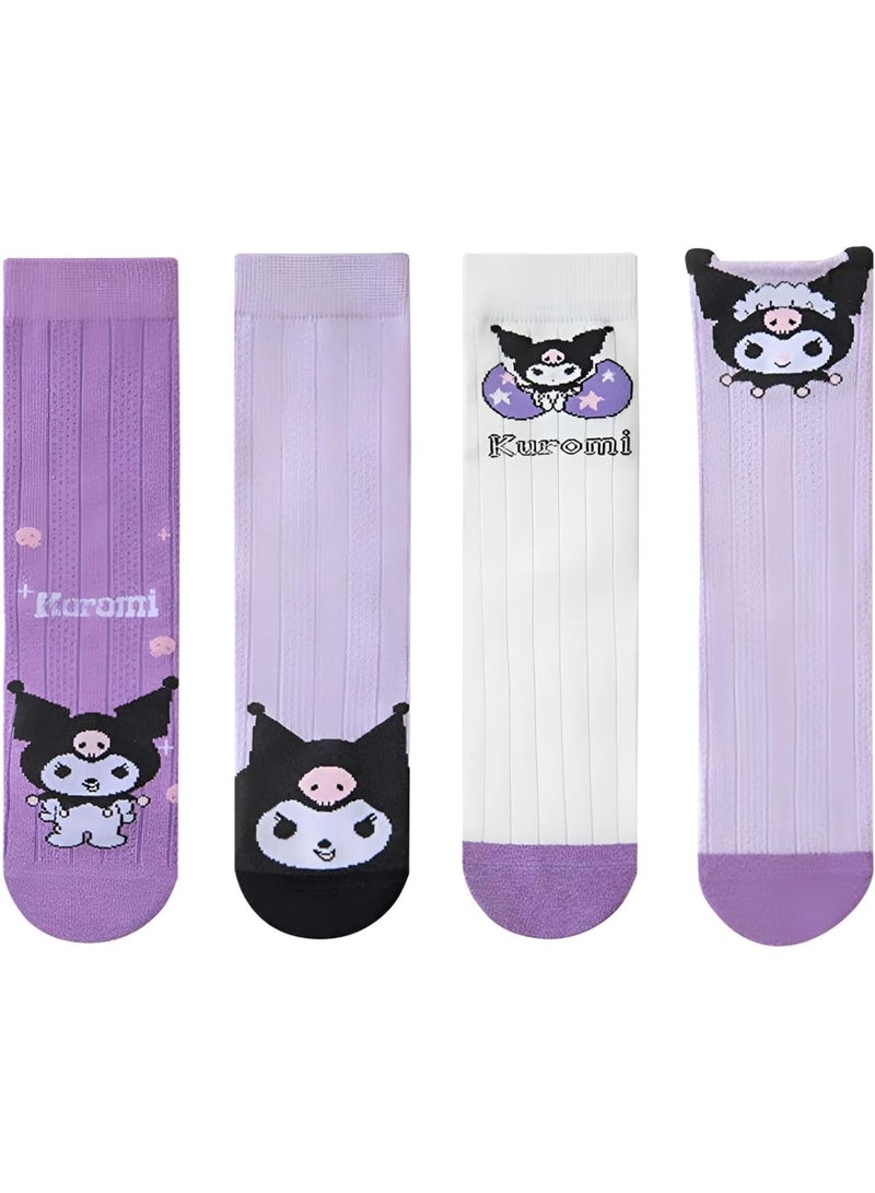 SOLARAE Girls Knee High Socks, 4 Pairs Cartoon Compression Socks, Comfy Breathable Long Cotton Stocking, Child Fun Socks, Warm Mid Calf Boot Socks, Kids Crazy Fun Gift, Purple - Image 1