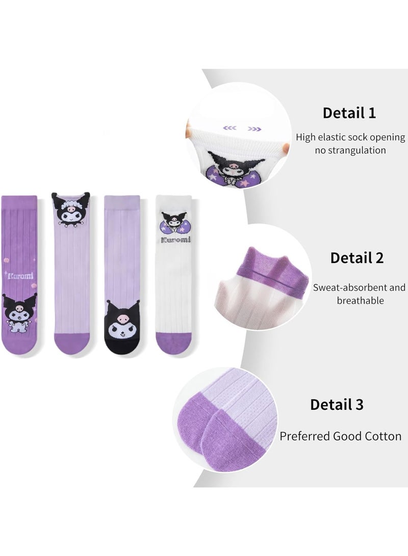 SOLARAE Girls Knee High Socks, 4 Pairs Cartoon Compression Socks, Comfy Breathable Long Cotton Stocking, Child Fun Socks, Warm Mid Calf Boot Socks, Kids Crazy Fun Gift, Purple - Image 3