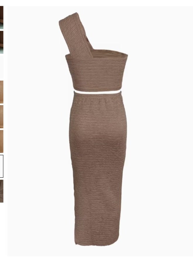 Shein Solid Color Asymmetrical Neckline Cropped Top And Side Split Skirt Set - Image 4