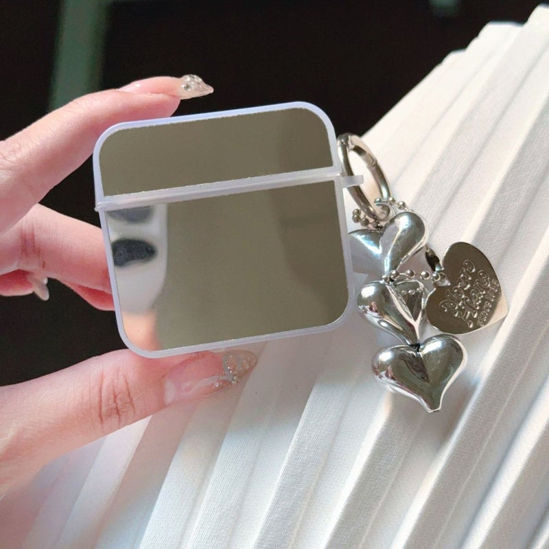 Mirror Headphone Case For AirPods With Heart Pendant Silvery Grey - Image 4