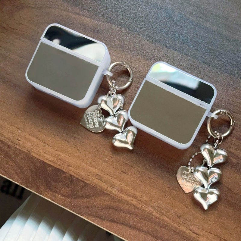 Mirror Headphone Case For AirPods With Heart Pendant Silvery Grey - Image 3