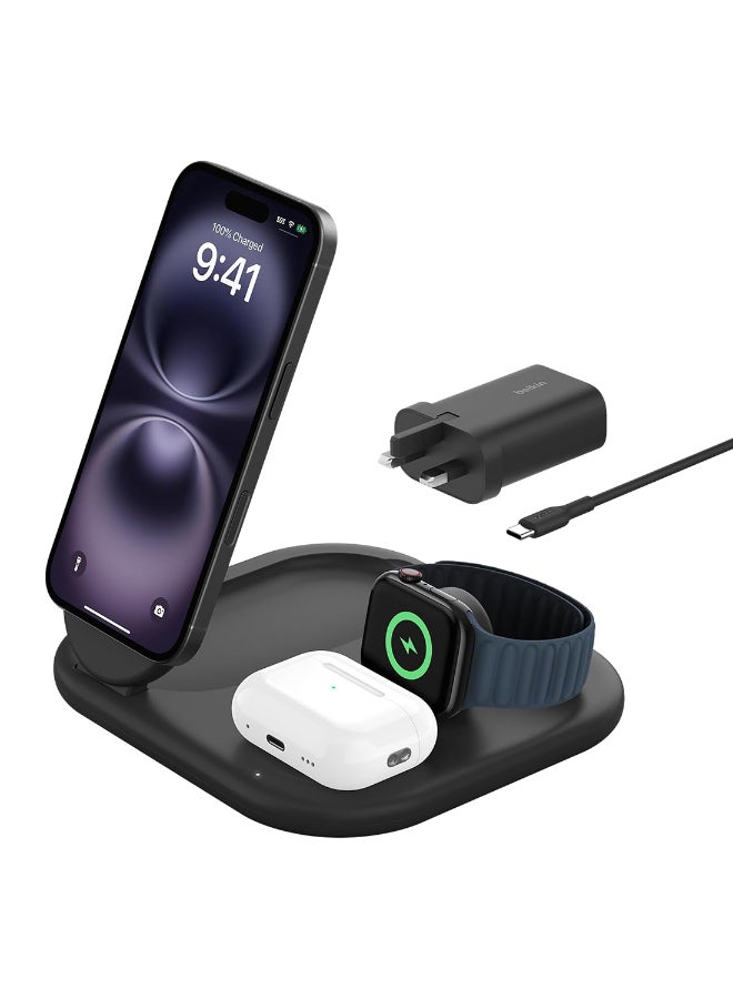 بيلكين شاحن MagSafe من Belkin، شاحن BoostCharge مغناطيسي قابل للطي 3 في 1 بتقنية Qi2 بقوة 15 واط - شاحن سريع لأجهزة Apple iPhone 15 وApple Watch وAirPods مع قاعدة غير قابلة للانزلاق، ووحدة إمداد طاقة - أسود - Image 1