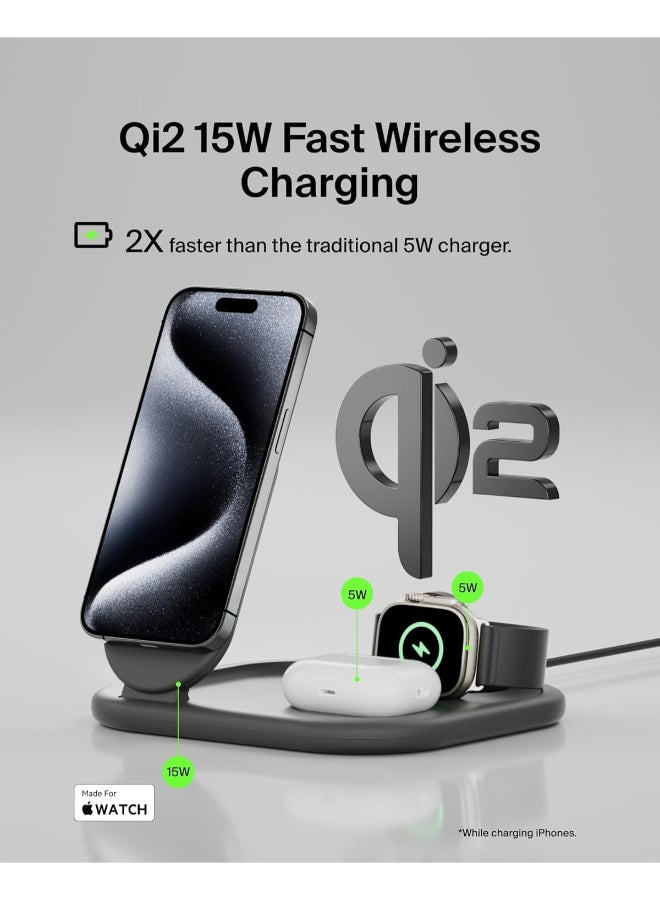 بيلكين شاحن MagSafe من Belkin، شاحن BoostCharge مغناطيسي قابل للطي 3 في 1 بتقنية Qi2 بقوة 15 واط - شاحن سريع لأجهزة Apple iPhone 15 وApple Watch وAirPods مع قاعدة غير قابلة للانزلاق، ووحدة إمداد طاقة - أسود - Image 2