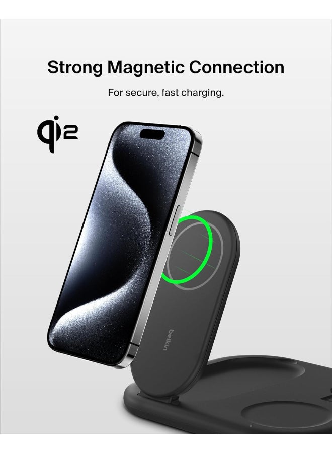 بيلكين شاحن MagSafe من Belkin، شاحن BoostCharge مغناطيسي قابل للطي 3 في 1 بتقنية Qi2 بقوة 15 واط - شاحن سريع لأجهزة Apple iPhone 15 وApple Watch وAirPods مع قاعدة غير قابلة للانزلاق، ووحدة إمداد طاقة - أسود - Image 4