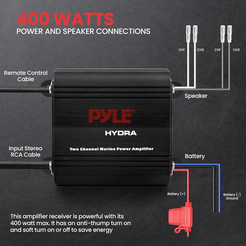 Pyle 2-Channel Marine Amplifier, 400W Waterproof Amplifier for Boat Stereo Systems, Compact Marine Audio Amplifier with Wired Volume Control, RCA/AUX/MP3 Input, Weatherproof Design for Outdoor Use - Image 5