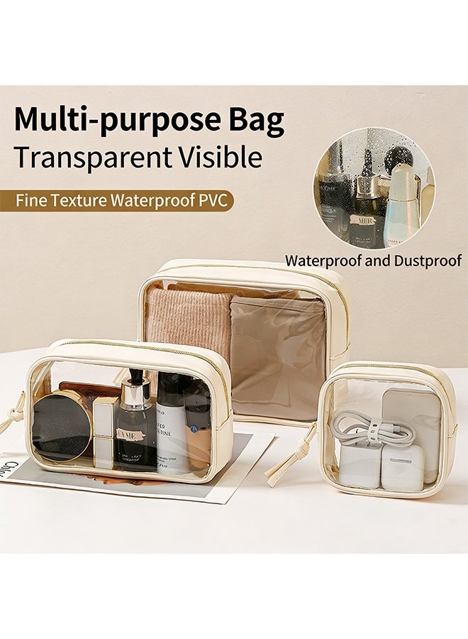3-Piece Travel Makeup Bag Clear Waterproof Toiletry Bag Set Large, Medium Small Sizes Travel Toiletry Organizer Pouch Cosmetic Storage for Bathroom (Beige) - Image 1