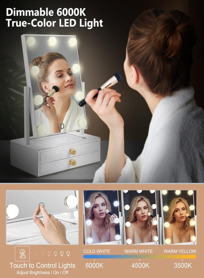 Star Vision مرآة هوليوود الكبيرة المضاءة 2 في 1 من ستار فيجن ومنظم مجوهرات، 3 درجات لونية وضوء قابل للتعتيم، أدراج بطبقتين، سطح PU مع خياطة، تشمل مرآة تكبير 10X، بيضاء - Image 2