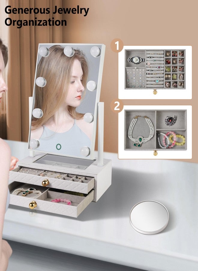 Star Vision مرآة هوليوود الكبيرة المضاءة 2 في 1 من ستار فيجن ومنظم مجوهرات، 3 درجات لونية وضوء قابل للتعتيم، أدراج بطبقتين، سطح PU مع خياطة، تشمل مرآة تكبير 10X، بيضاء - Image 4