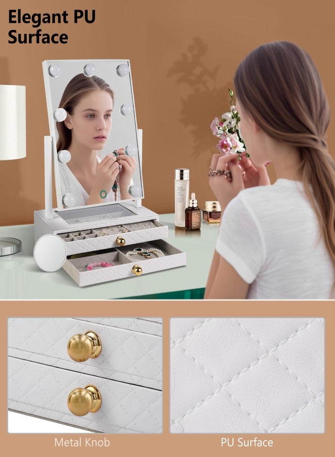 Star Vision مرآة هوليوود الكبيرة المضاءة 2 في 1 من ستار فيجن ومنظم مجوهرات، 3 درجات لونية وضوء قابل للتعتيم، أدراج بطبقتين، سطح PU مع خياطة، تشمل مرآة تكبير 10X، بيضاء - Image 3