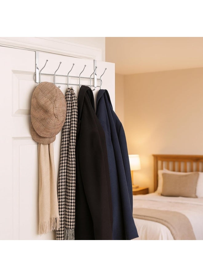 Metal Over Door Hanger with 6 Double Hooks – Stylish Silver Finish – Strong and Practical Organizer for Small Spaces - Image 1