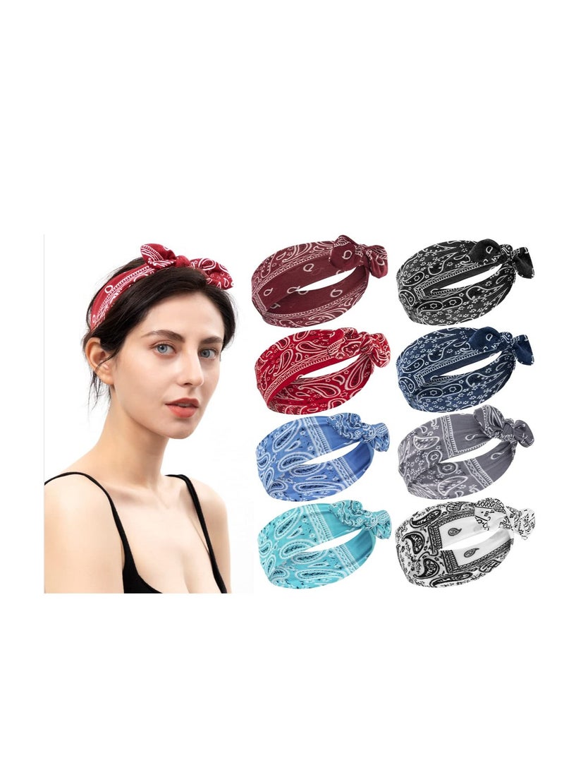 إسكدنيا Headbands for Women, Boho Rabbit Ear Wide Flower Printed Hair Band with Bows Fashion and Sport Accessories Women Girls (8 Pcs) - Image 1