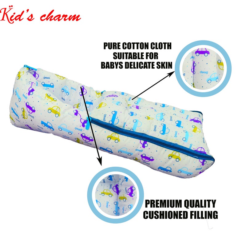 Kid's Charm مجموعة 3 قطع من سيارة الأطفال الساحرة | سرير قطن للأطفال 3 في 1 | وسادة رضاعة قطنية للأطفال 5 في 1 مع حزام أمان | قطن للأطفال 2 في 1 مع شبكة للبعوض للأطفال من 0-4 أشهر (أزرق) - Image 3