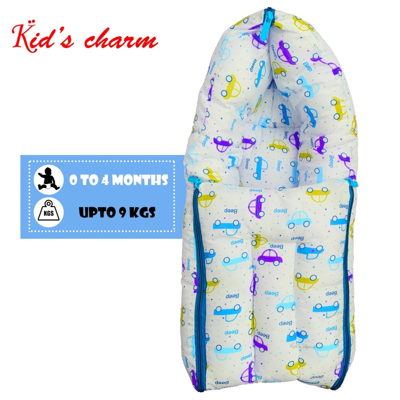 Kid's Charm مجموعة 3 قطع من سيارة الأطفال الساحرة | سرير قطن للأطفال 3 في 1 | وسادة رضاعة قطنية للأطفال 5 في 1 مع حزام أمان | قطن للأطفال 2 في 1 مع شبكة للبعوض للأطفال من 0-4 أشهر (أزرق) - Image 4