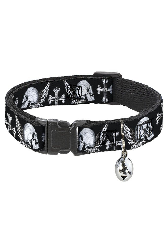 Buckle Down Cat Collar Breakaway Buckle Down Skulls Wings Black White 8 to 12 Inches 0.5 Inch Wide - Image 1