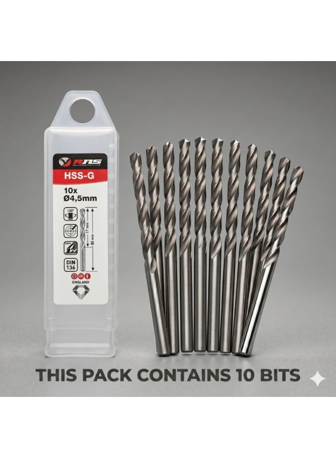 RNS HSS-G TWIST DRILL BIT 4.5 MM, Pack of 10 High Speed Steel Ground Metal Drill Bit for Steel, Alloy, Fabrication and Industrial Use - Image 1