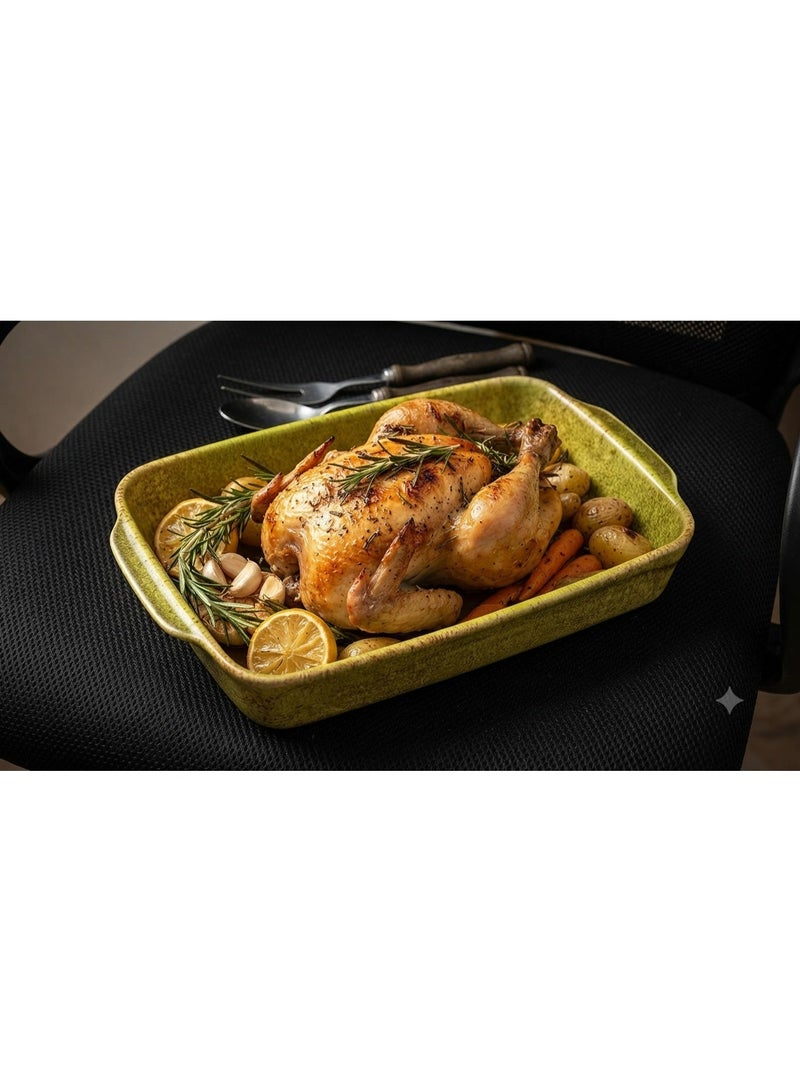 Rectangular Ceramic Baking and Serving Dish - Elegant Design with Side Handles, Distinctive Green Color - Image 2