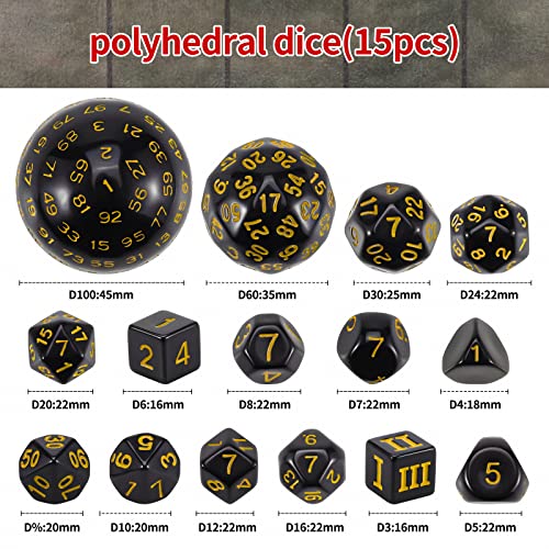 CiaraQ DND Polyhedral Dice Set 15pcs D4D100 Game Dice with Dice Bag for Dungeons and Dragons Role Playing Table Games Black Yellow - Image 5