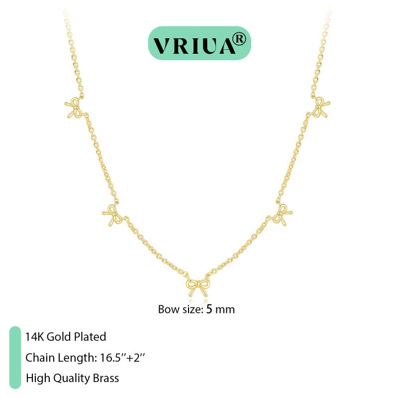 VRIUA Bow Necklace for Women - 14K Gold Plated Dainty Chain Necklace with Five Small Bow Charms Minimalistic Trendy Jewelry Gift - Image 4