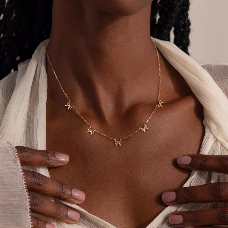 VRIUA Bow Necklace for Women - 14K Gold Plated Dainty Chain Necklace with Five Small Bow Charms Minimalistic Trendy Jewelry Gift - Image 5