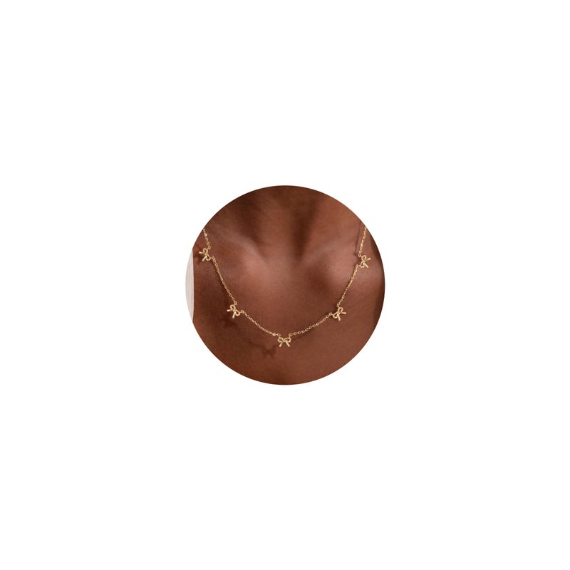 VRIUA Bow Necklace for Women - 14K Gold Plated Dainty Chain Necklace with Five Small Bow Charms Minimalistic Trendy Jewelry Gift - Image 1