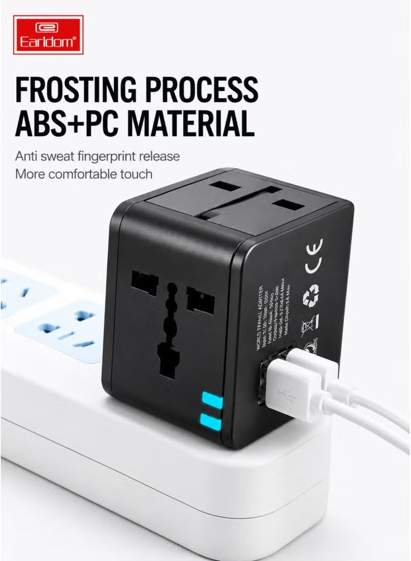 Earldom ES-LC18 Universal Travel Adapter 1500W 6A with Dual USB-A, UK EU US AU Compatible, Black - Image 4
