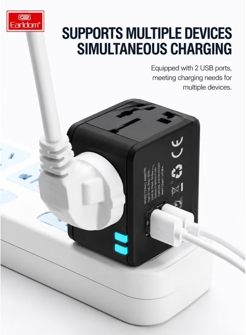 Earldom ES-LC18 Universal Travel Adapter 1500W 6A with Dual USB-A, UK EU US AU Compatible, Black - Image 2