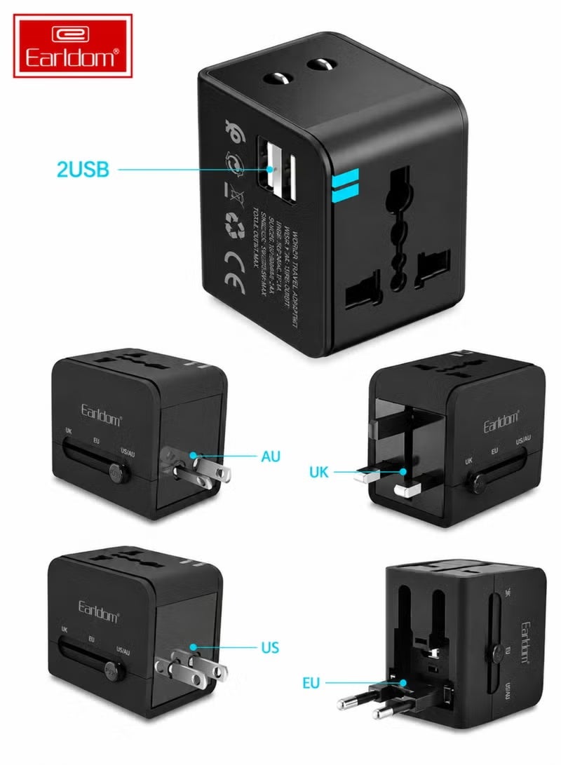 Earldom ES-LC18 Universal Travel Adapter 1500W 6A with Dual USB-A, UK EU US AU Compatible, Black - Image 3