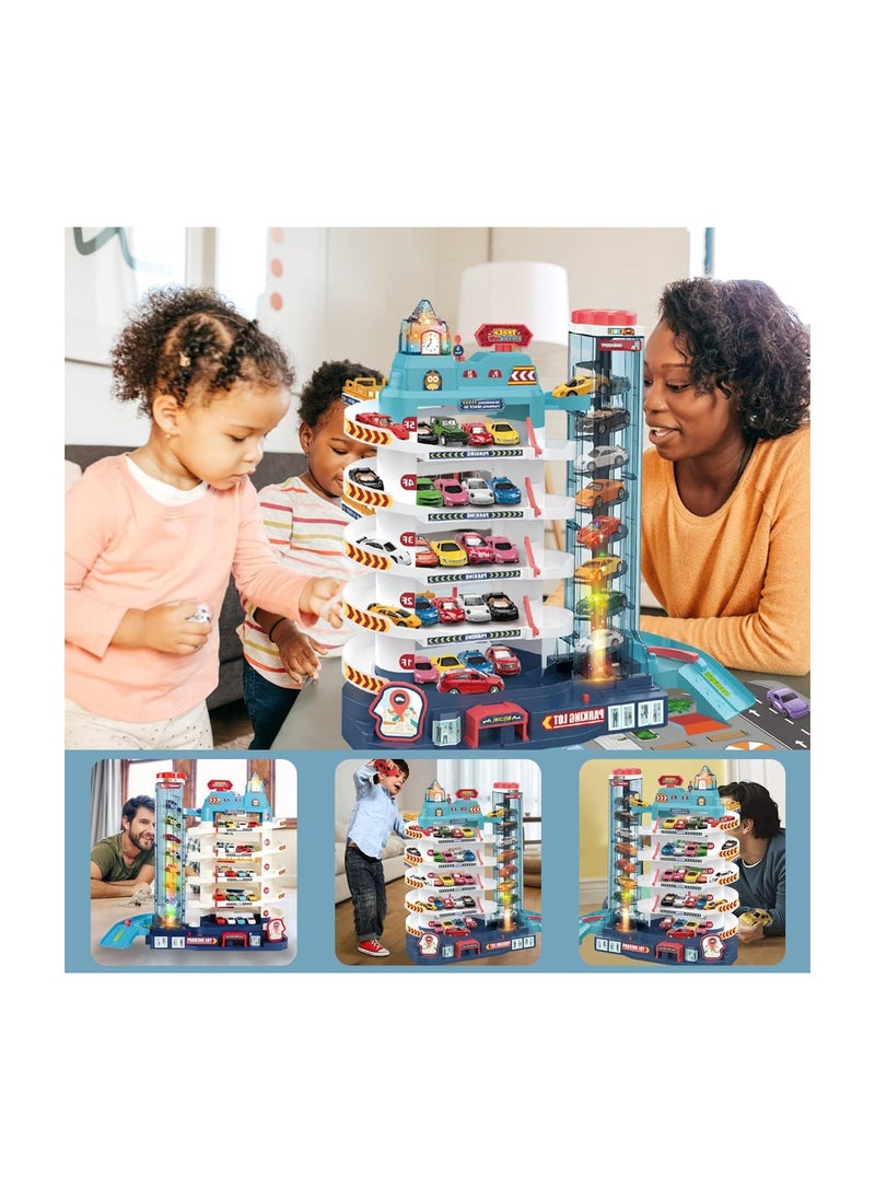 Dubkart - City Garage Playset Car Race Track for Toddlers, 5 Level Garage Track Set Toy Garage Parking Adventure Toy with 8 Vehicles, Kids Tracks Parking Lot Playsets Toy Boys Girls Gifts for 3-8 Years Old - Image 1