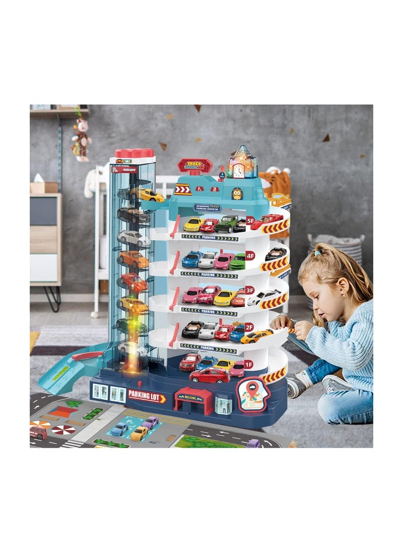 Dubkart - City Garage Playset Car Race Track for Toddlers, 5 Level Garage Track Set Toy Garage Parking Adventure Toy with 8 Vehicles, Kids Tracks Parking Lot Playsets Toy Boys Girls Gifts for 3-8 Years Old - Image 1