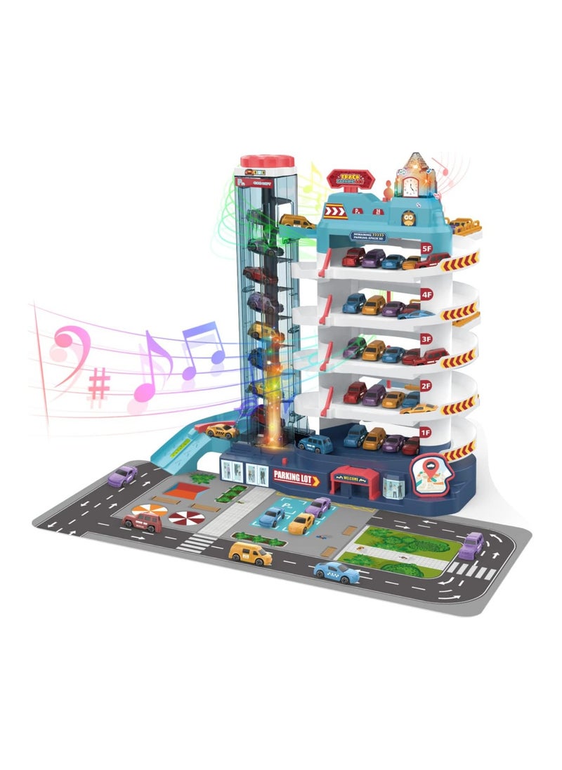 Dubkart - City Garage Playset Car Race Track for Toddlers, 5 Level Garage Track Set Toy Garage Parking Adventure Toy with 8 Vehicles, Kids Tracks Parking Lot Playsets Toy Boys Girls Gifts for 3-8 Years Old - Image 1