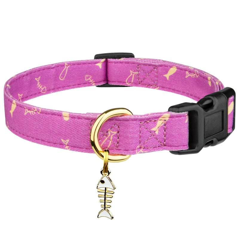 FYEQYAOU Cotton Handmade Dog Collar Cute and Distinctive Patterns Purple Fish with Pendant for Girl Boy Dogs Collars S - Image 1