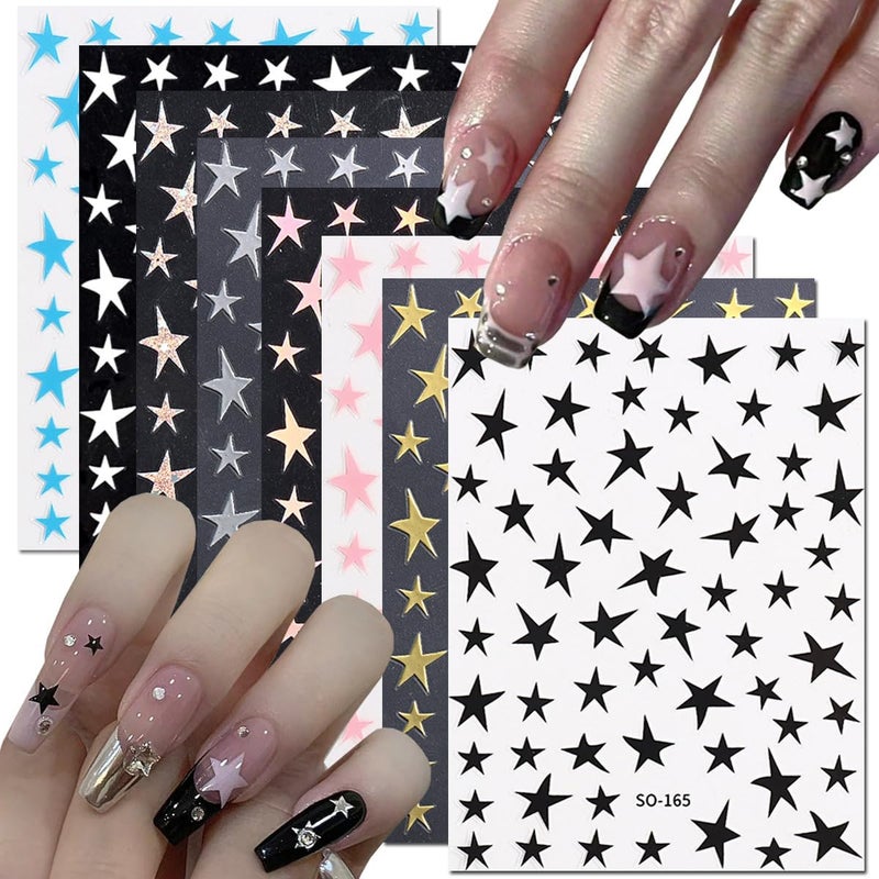 8PCS Star Nail Stickers 3D Shiny Glitters Starlight Self-Adhesive Nail Decals Irregular Pentagram Black White Pink Lase Gold Design Slider Nail Foil Decal for Women DIY Manicure Accessories Decor
