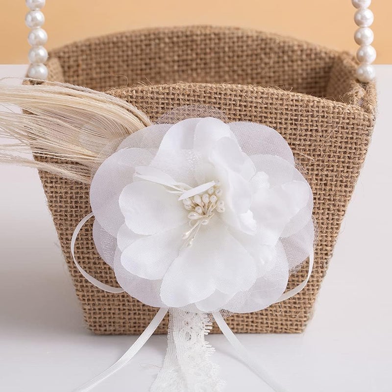 Yuudar Rustic Burlap Flower Girl Basket, Vintage Wedding Jute Basket with Pearl Double Love Heart Bowknot For Vintage Wedding Ceremony Party Decoration (Ring Bearer Pillow Basket) - Image 2