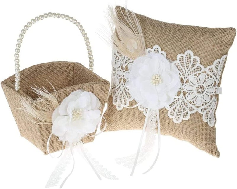 Yuudar Rustic Burlap Flower Girl Basket, Vintage Wedding Jute Basket with Pearl Double Love Heart Bowknot For Vintage Wedding Ceremony Party Decoration (Ring Bearer Pillow Basket) - Image 1