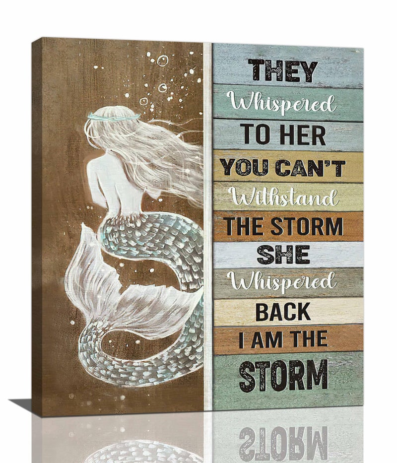 Mermaid Bathroom Decor Wall Art Vintage Girl Inspirational Quotes I Am The Storm Pictures Wall Decor Canvas Painting Prints Artwork Home Decorations Framed for Bedroom Kitchen Living Room 20"x24"