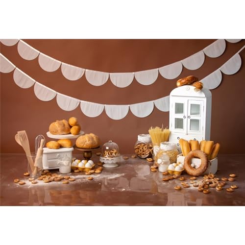 YongFoto Bakery Baking Table Backdrop 5x3ft Bread Donut Biscuit White Cabinet Photography Background Boy Girl Cake Smash Birthday Baby Shower Party Banner Portrait Photoshoot Wallpaper Studio Props - Image 1