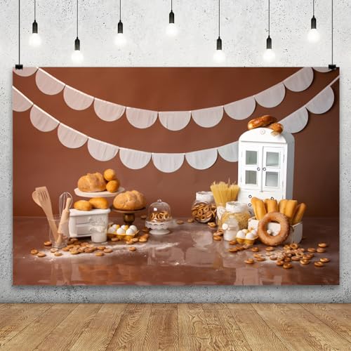 YongFoto Bakery Baking Table Backdrop 5x3ft Bread Donut Biscuit White Cabinet Photography Background Boy Girl Cake Smash Birthday Baby Shower Party Banner Portrait Photoshoot Wallpaper Studio Props - Image 3