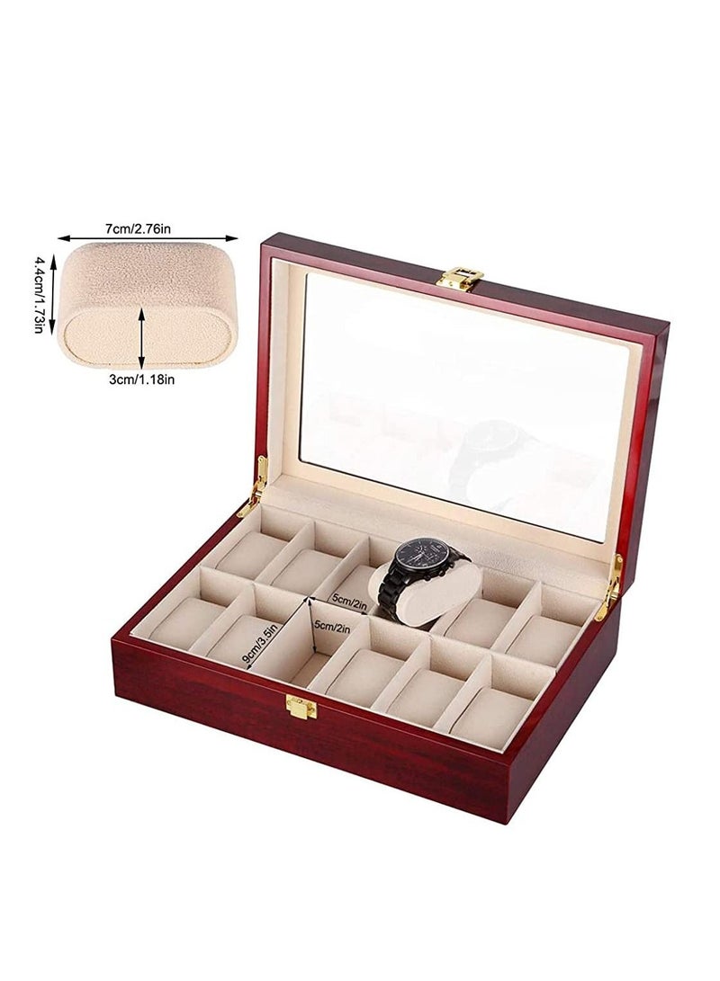 12 Pcs Classic High-Grade Watch Bracelet Case Storage Box Claret Wood Spray Paint with Glass Plate Window Red - Image 4
