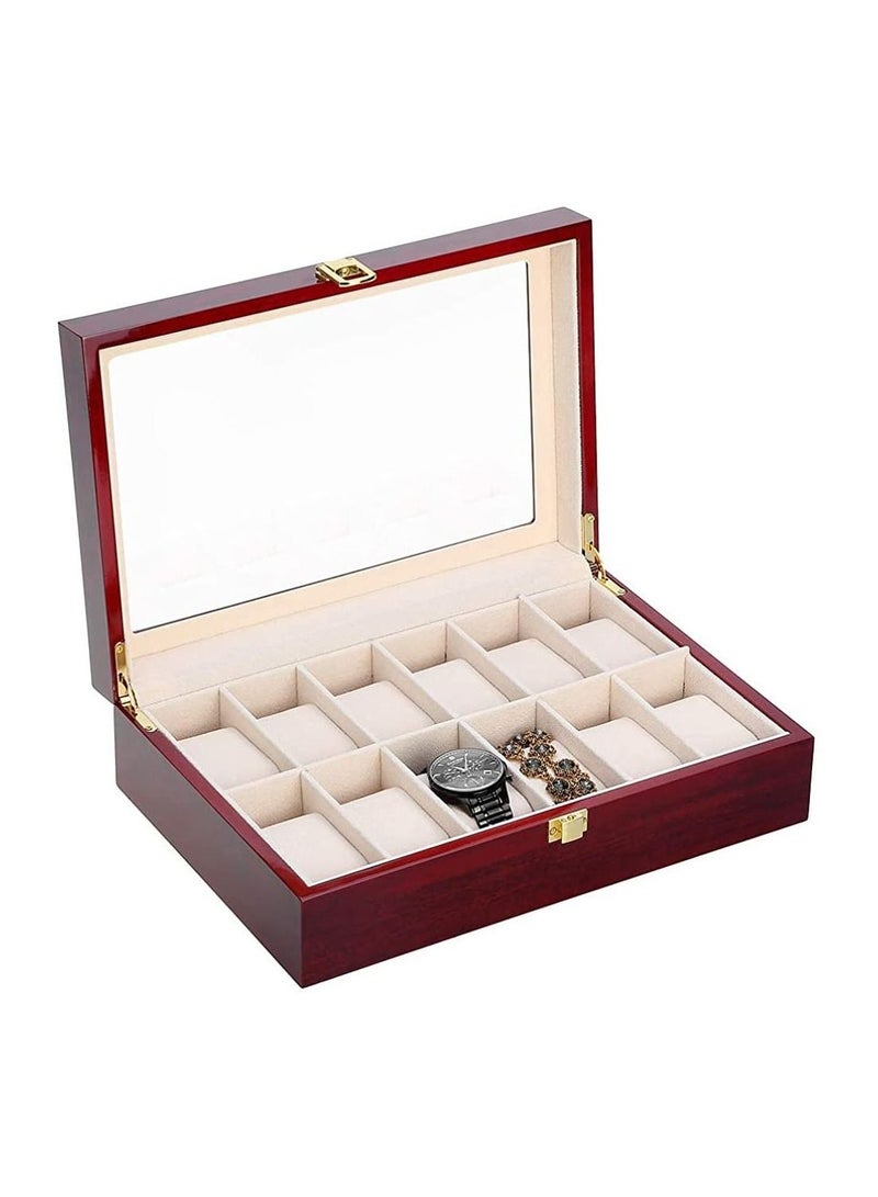 12 Pcs Classic High-Grade Watch Bracelet Case Storage Box Claret Wood Spray Paint with Glass Plate Window Red - Image 1