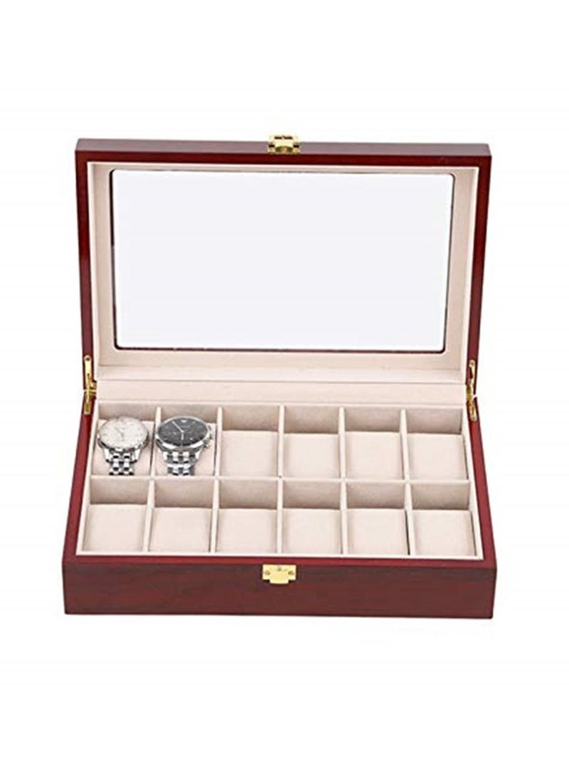 12 Pcs Classic High-Grade Watch Bracelet Case Storage Box Claret Wood Spray Paint with Glass Plate Window Red - Image 2