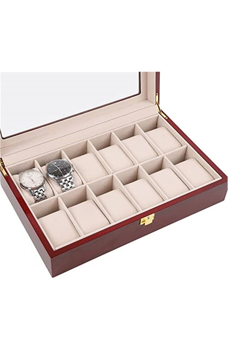12 Pcs Classic High-Grade Watch Bracelet Case Storage Box Claret Wood Spray Paint with Glass Plate Window Red - Image 3