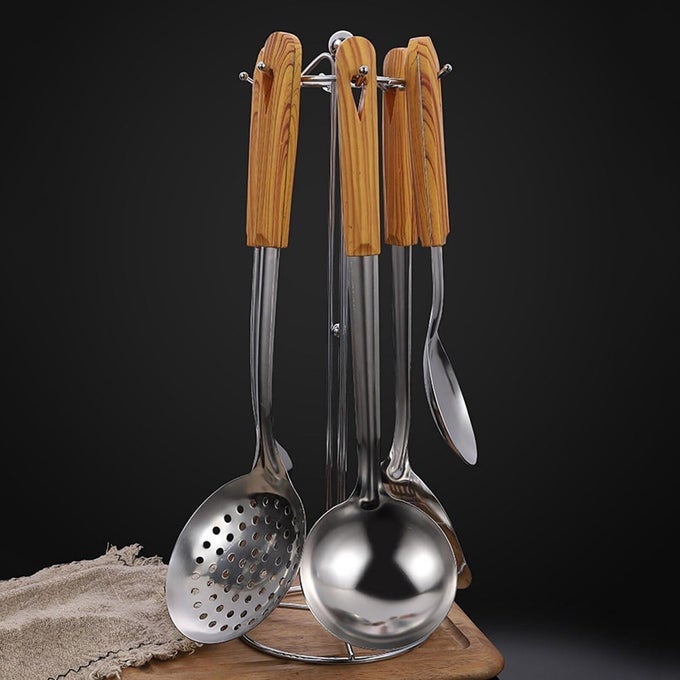 STAINLESS STEEL KITCHEN UTENSILS SET WITH WOOD HANDLE 8 PCS METAL COOKING UTENSILS SERVING UTENSILS SPATULA AND LADLE SET NON STICK COOKING SPOONS SET KITCHEN GADGETS COOKWARE SET
