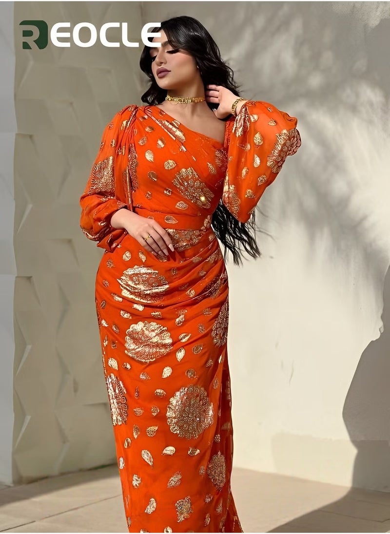 ريوكل فستان كرة شيفون مطبوع باللون الذهبي - Image 3