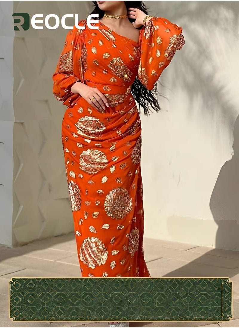 ريوكل فستان كرة شيفون مطبوع باللون الذهبي - Image 1