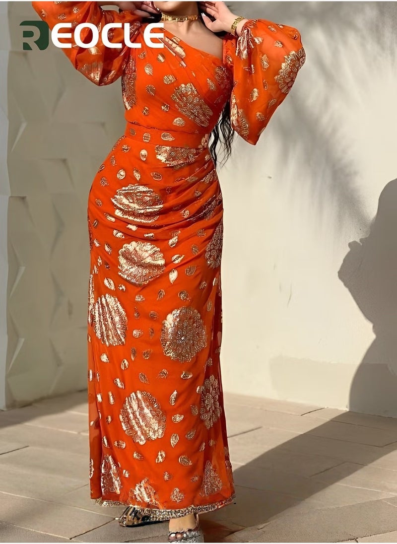 ريوكل فستان كرة شيفون مطبوع باللون الذهبي - Image 2